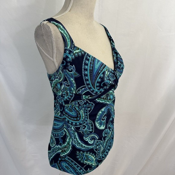 Lands End V Neck Blue/Green Paisley Underwire Tankini Swim Top Size 8 - Picture 4 of 7